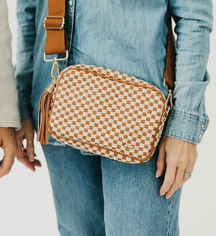 Willow Woven Camera Crossbody Bag Brown Checker