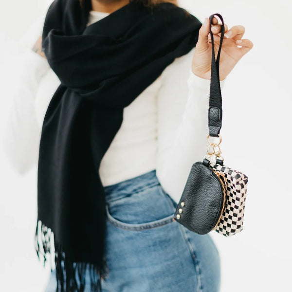 Wonderlust Woven Dual Pouch Wristlet Checker Black