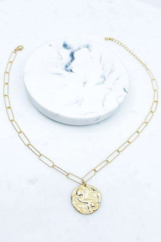 Worn Gold Hammered Coin Paperclip Chain Necklace