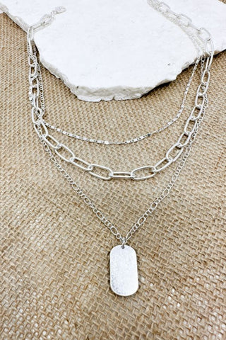 Worn Silver 3 PC Tag Charm Chain Necklace
